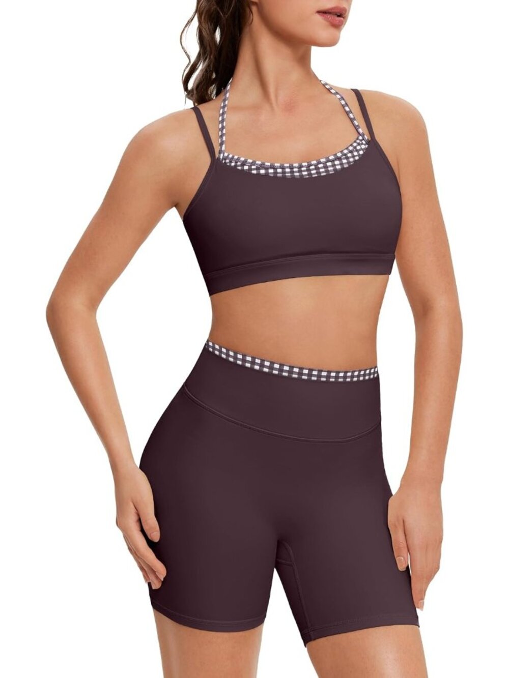 Women's Chocolate Doubel Layer Open Back Activewear Sports Bra & Gym Shorts Sets
